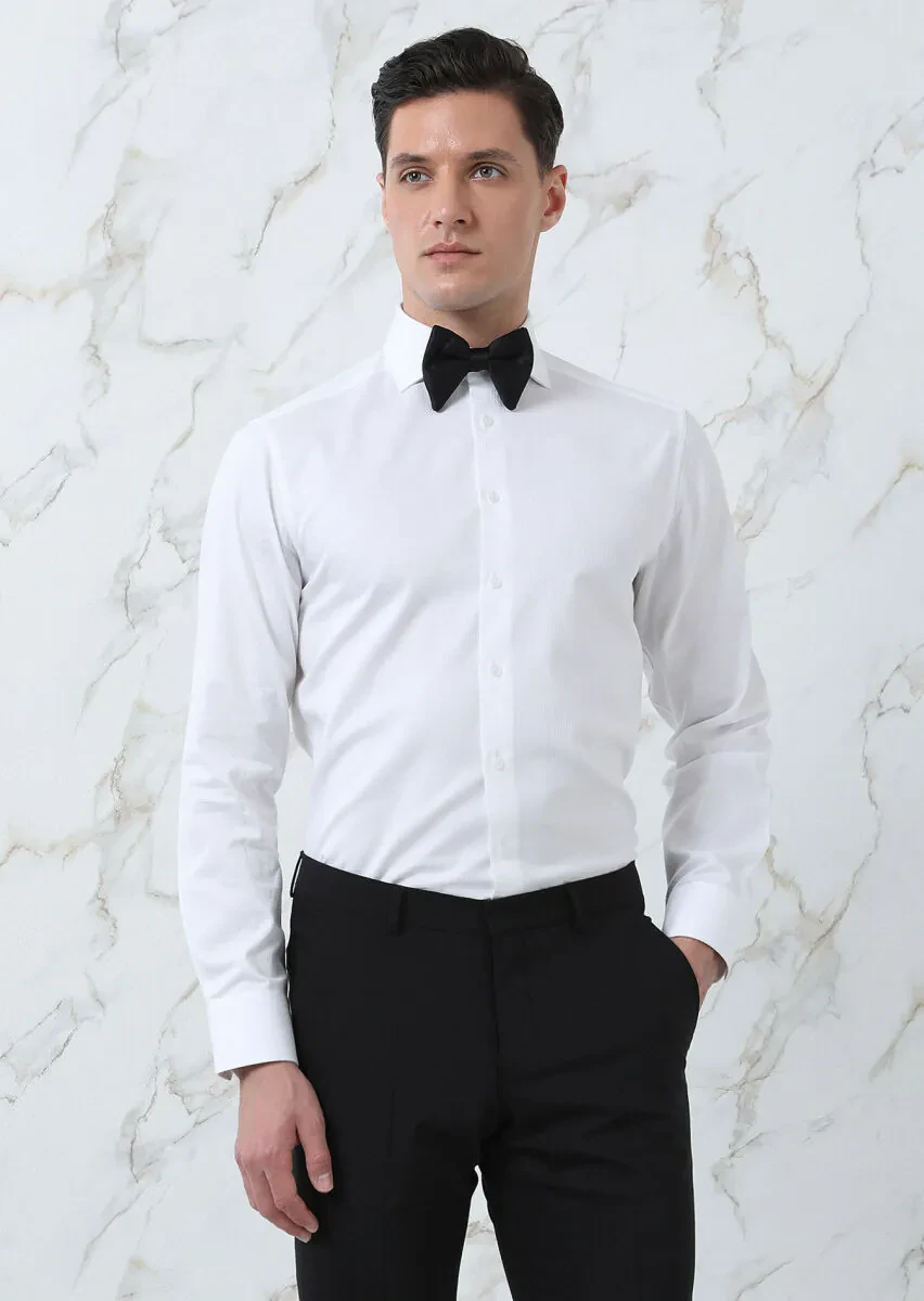 Beyaz Regular Fit Dokuma Klasik %100 Pamuk Gömlek - 2