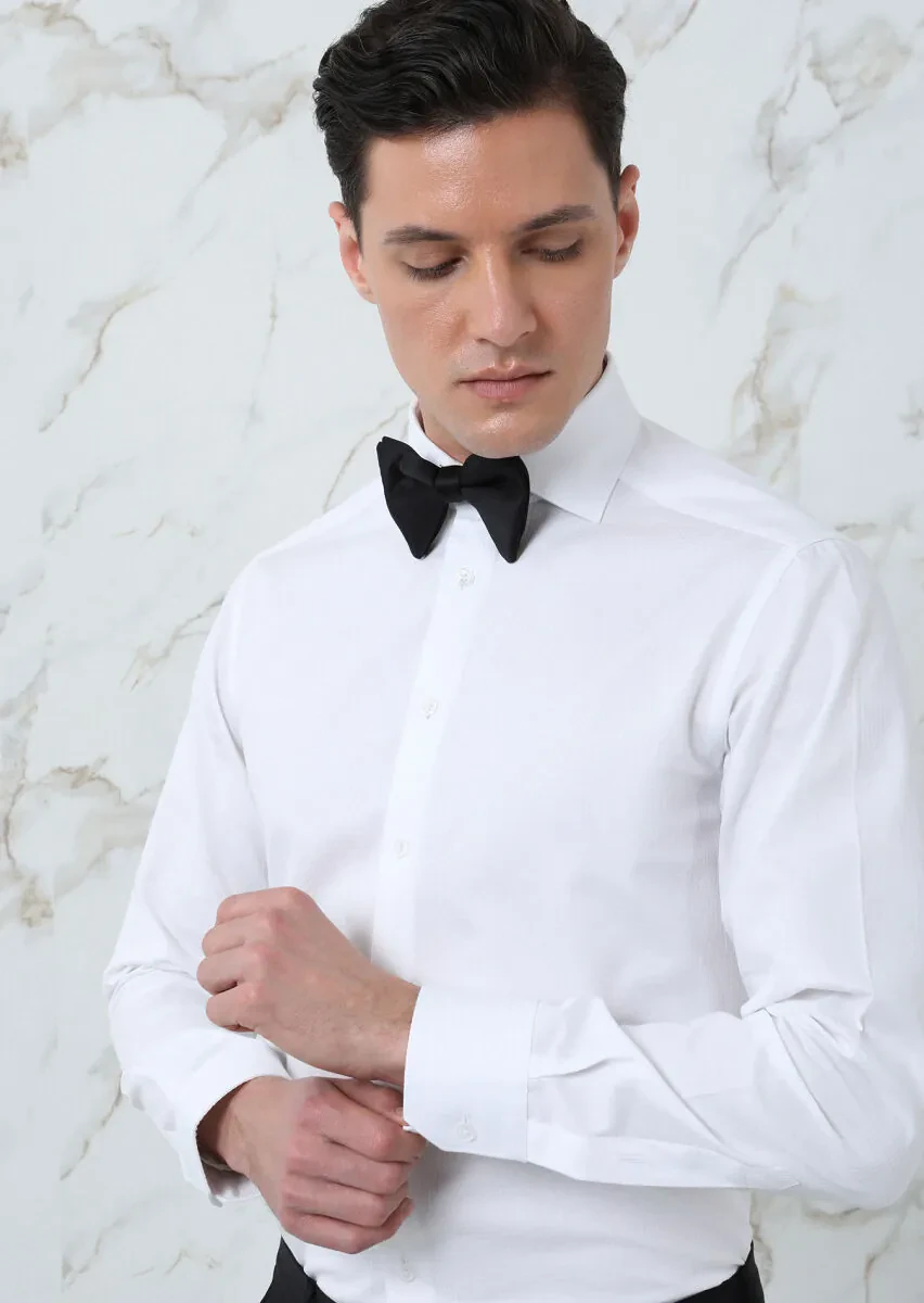 Beyaz Regular Fit Dokuma Klasik %100 Pamuk Gömlek - 3