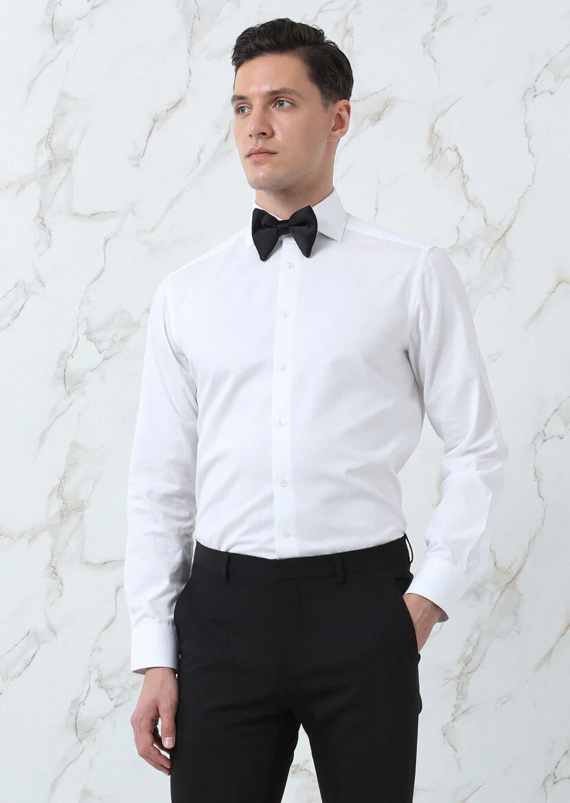 Beyaz Regular Fit Dokuma Klasik %100 Pamuk Gömlek - 4