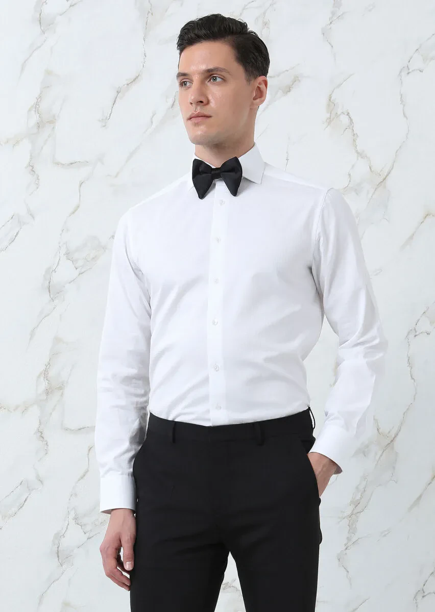 Beyaz Regular Fit Dokuma Klasik %100 Pamuk Gömlek - 4