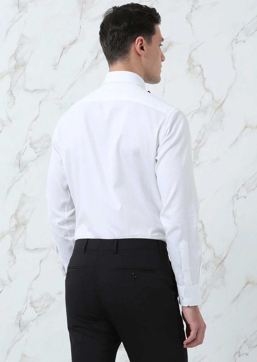 Beyaz Regular Fit Dokuma Klasik %100 Pamuk Gömlek - 5
