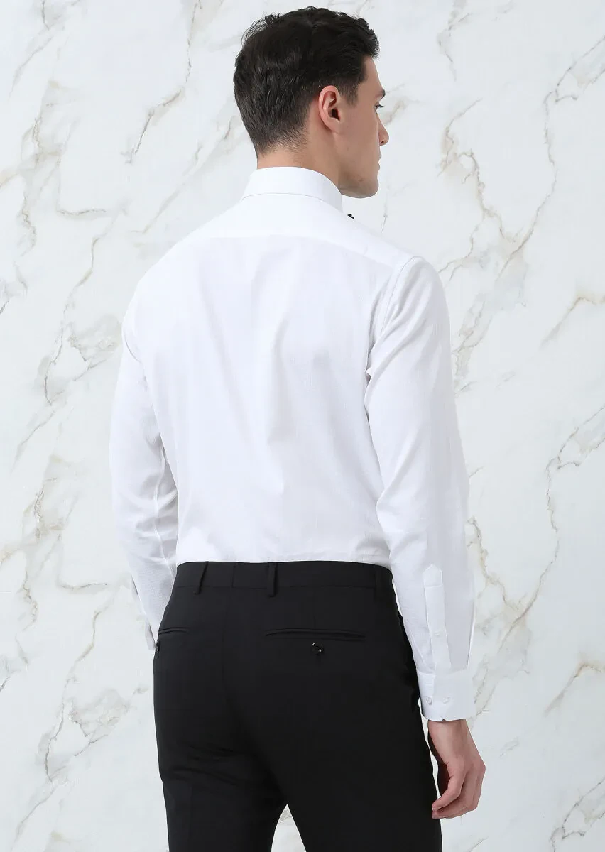 Beyaz Regular Fit Dokuma Klasik %100 Pamuk Gömlek - 5