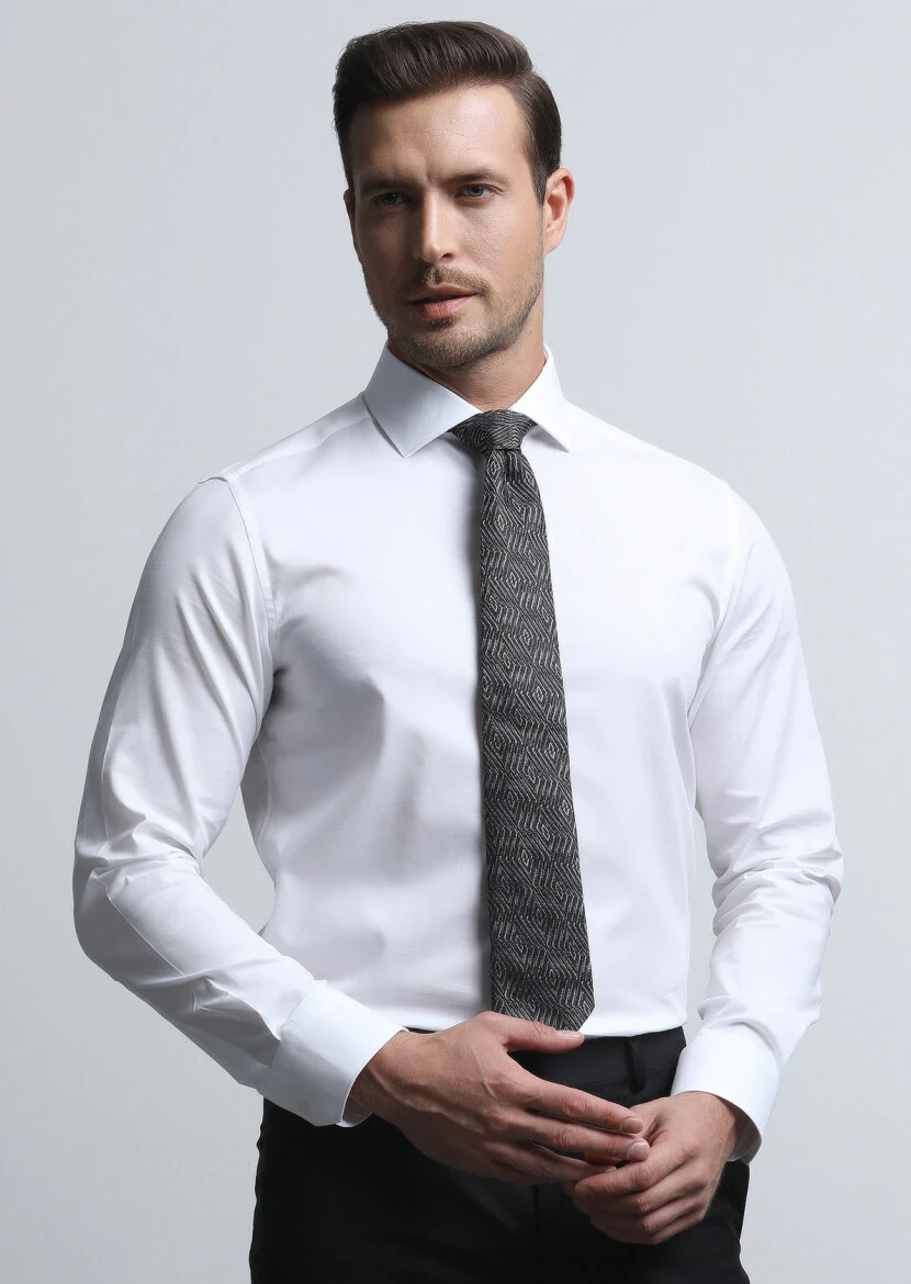 Beyaz Regular Fit Dokuma Klasik %100 Pamuk Gömlek - 1