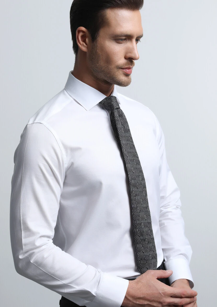 Beyaz Regular Fit Dokuma Klasik %100 Pamuk Gömlek - 3