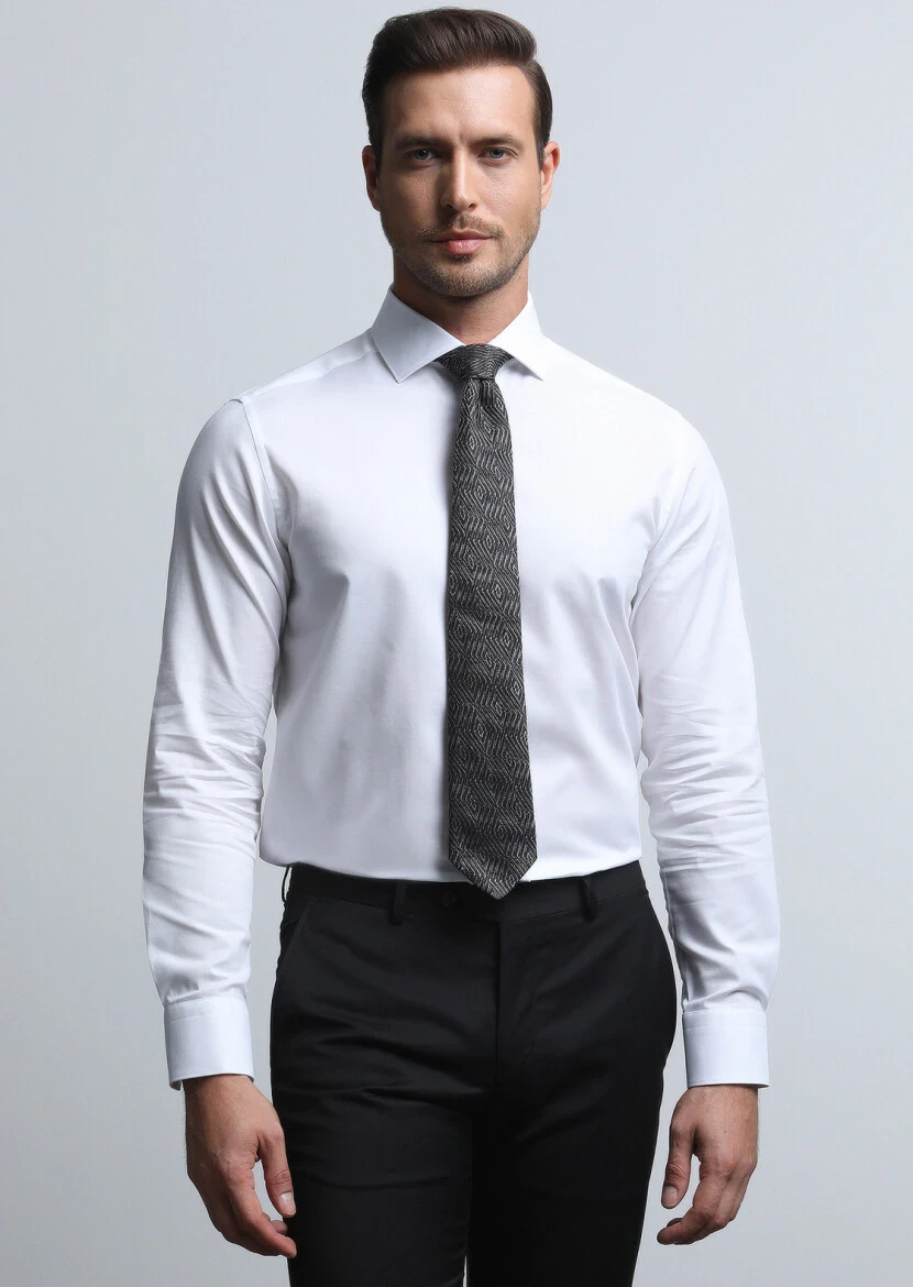 Beyaz Regular Fit Dokuma Klasik %100 Pamuk Gömlek - 4