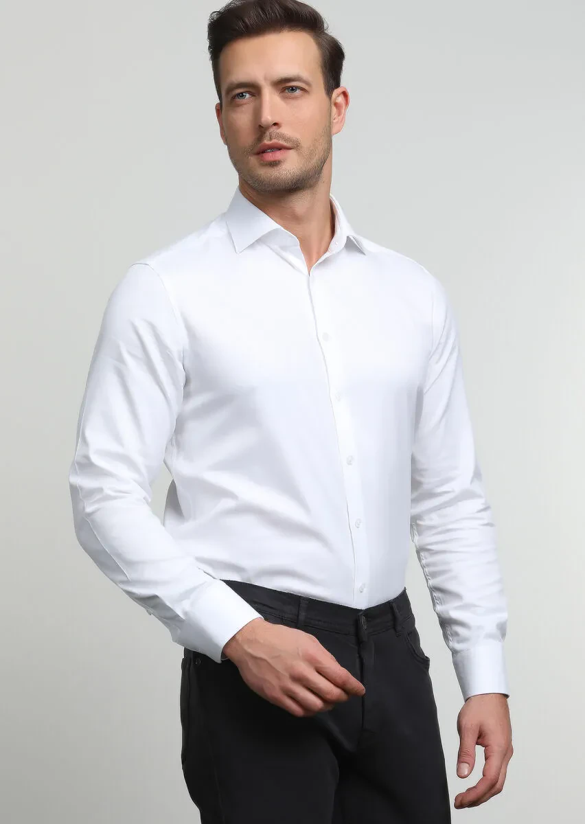 Beyaz Regular Fit Dokuma Klasik %100 Pamuk Gömlek - 1