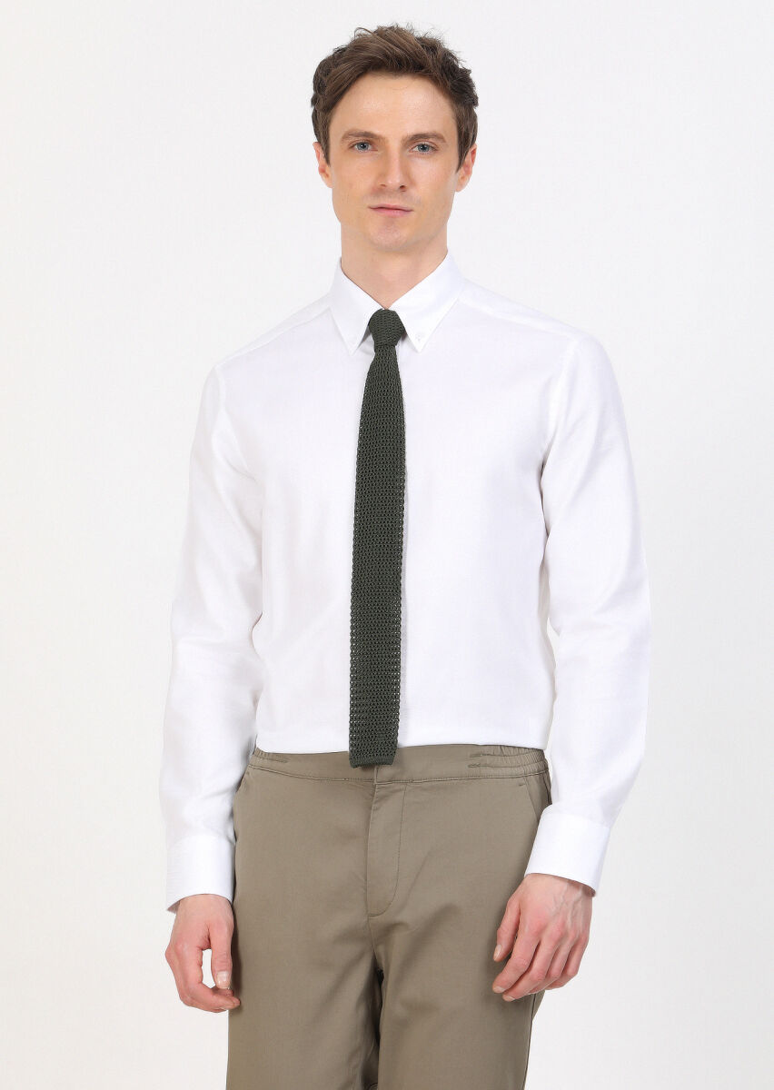 Beyaz Regular Fit Dokuma Klasik %100 Pamuk Gömlek - 1