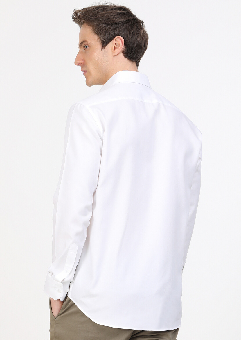 Beyaz Regular Fit Dokuma Klasik %100 Pamuk Gömlek - 5