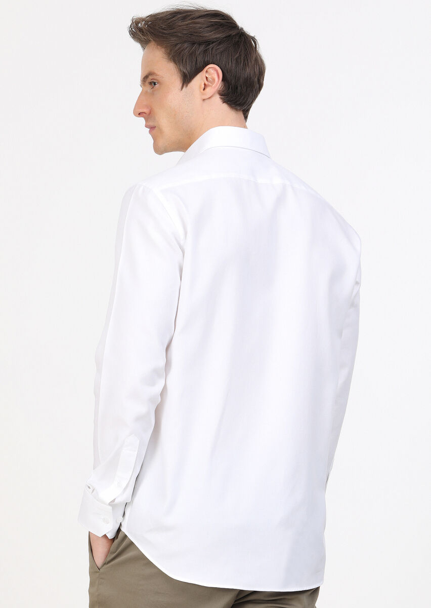 Beyaz Regular Fit Dokuma Klasik %100 Pamuk Gömlek - 5