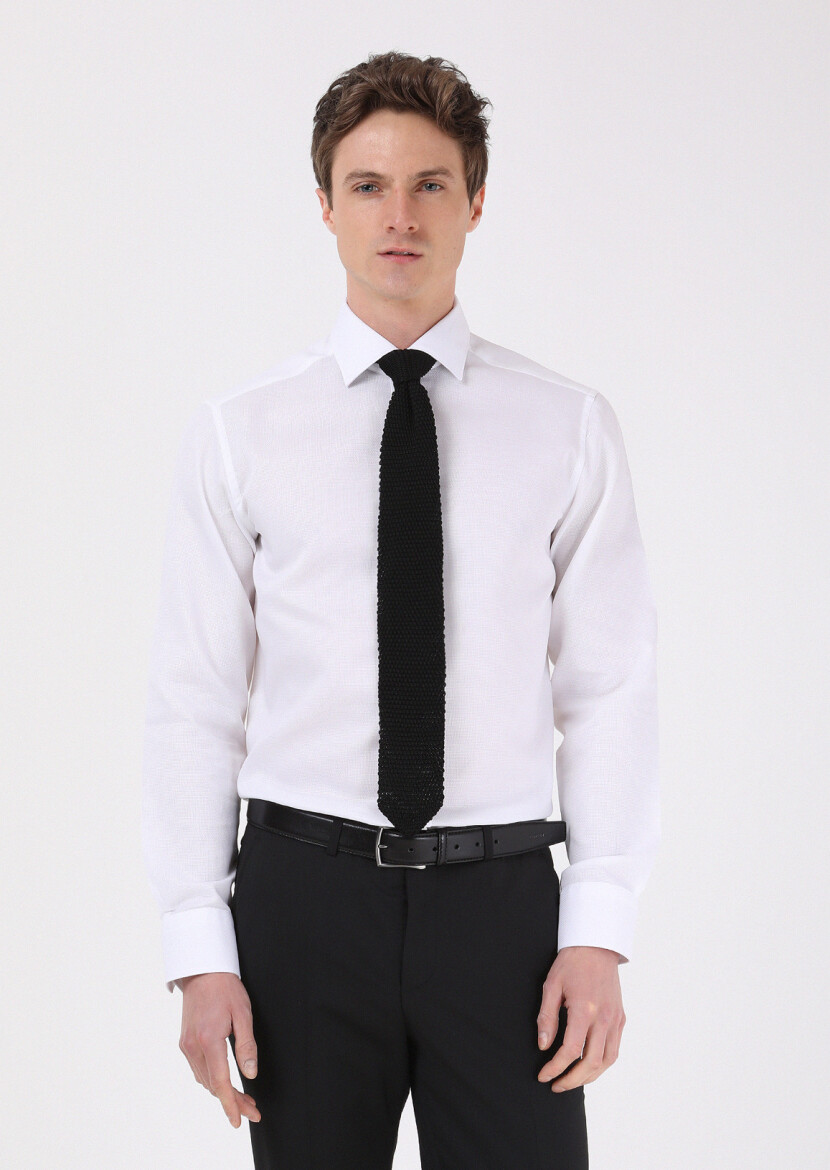 Beyaz Regular Fit Dokuma Klasik %100 Pamuk Gömlek - 1