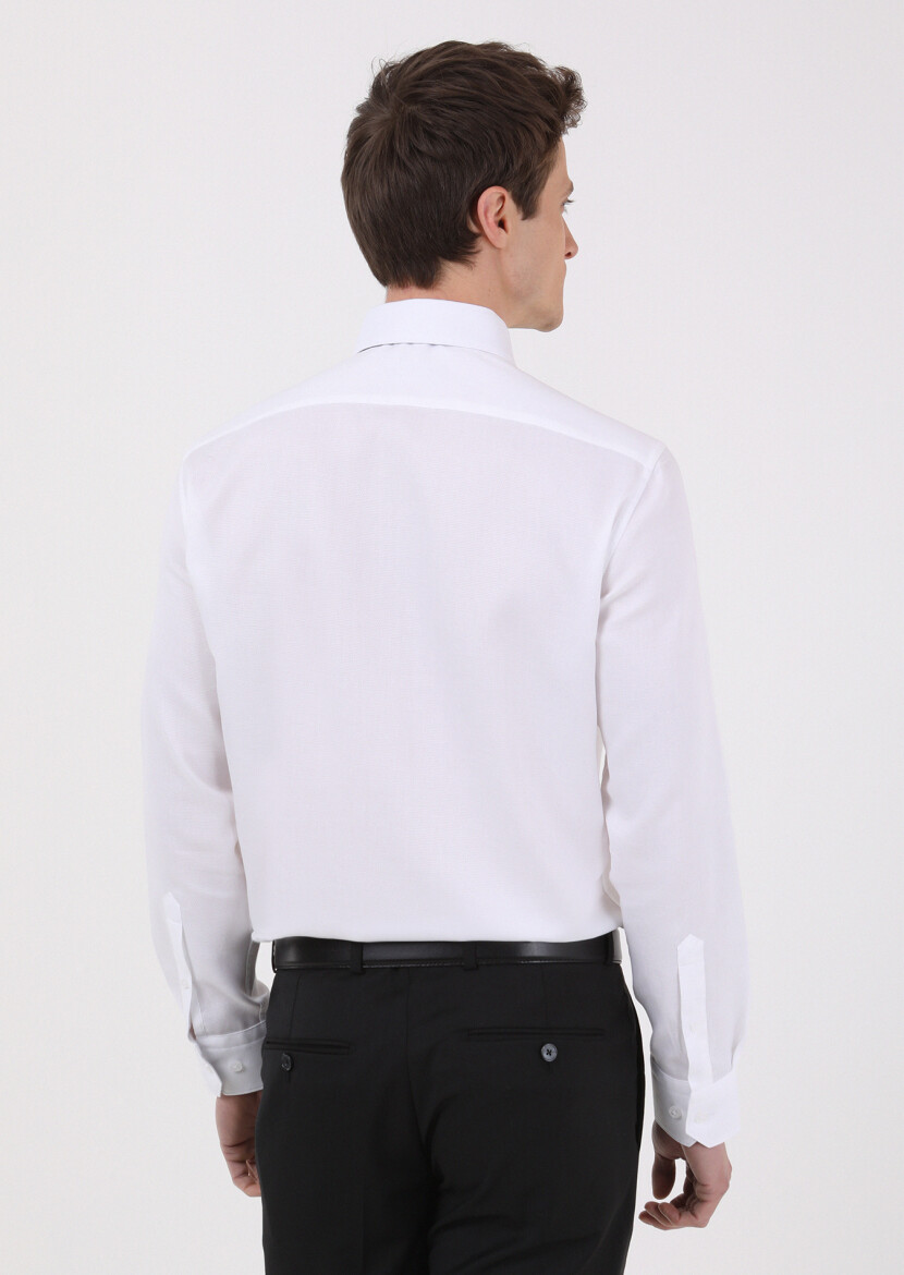 Beyaz Regular Fit Dokuma Klasik %100 Pamuk Gömlek - 4