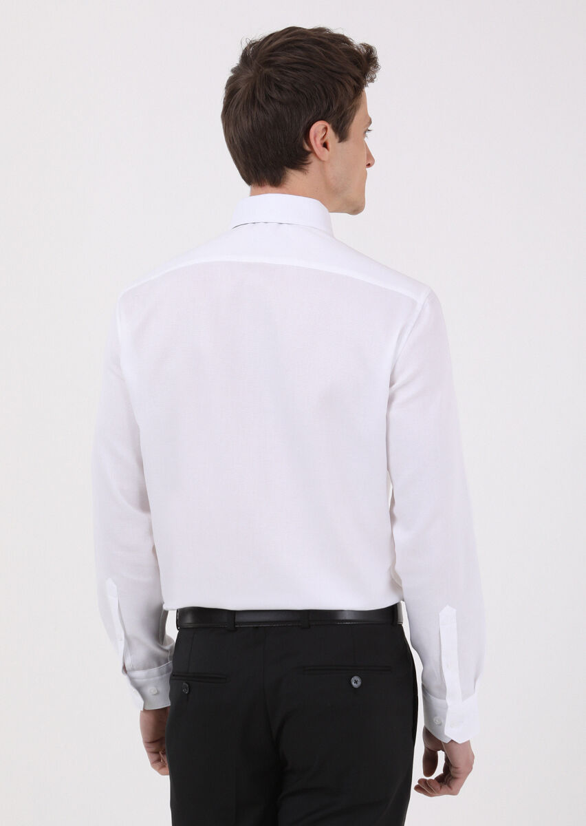 Beyaz Regular Fit Dokuma Klasik %100 Pamuk Gömlek - 4