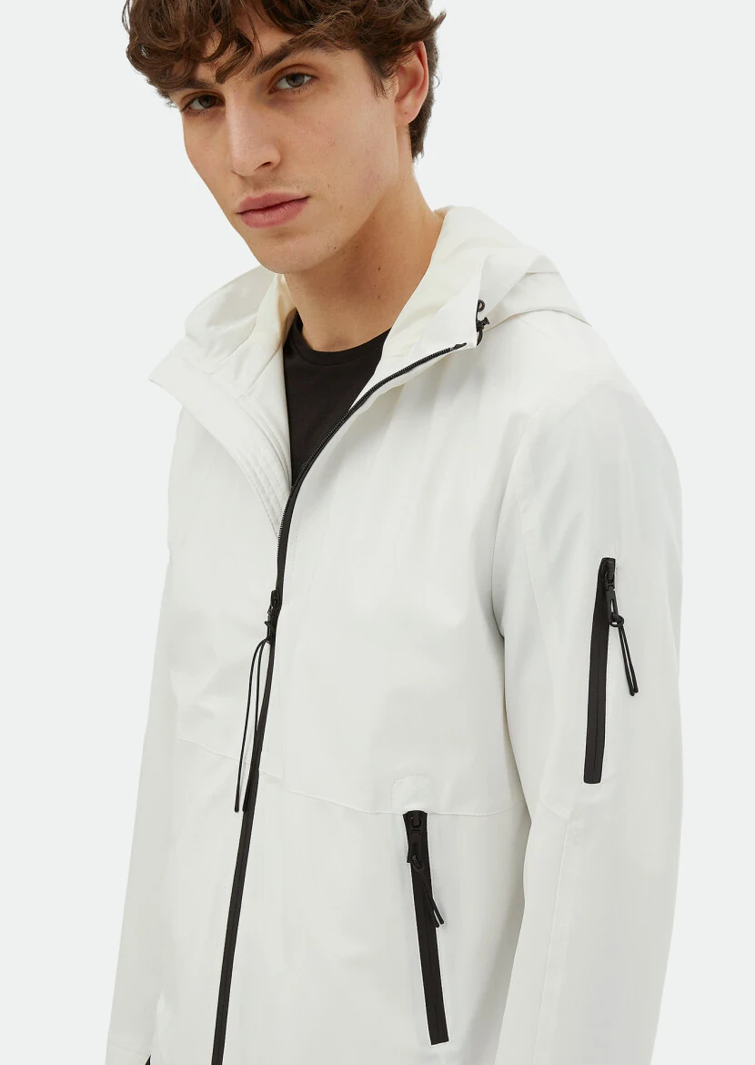 Beyaz Regular Fit Kapüşonlu Casual Dokuma Mont - 3