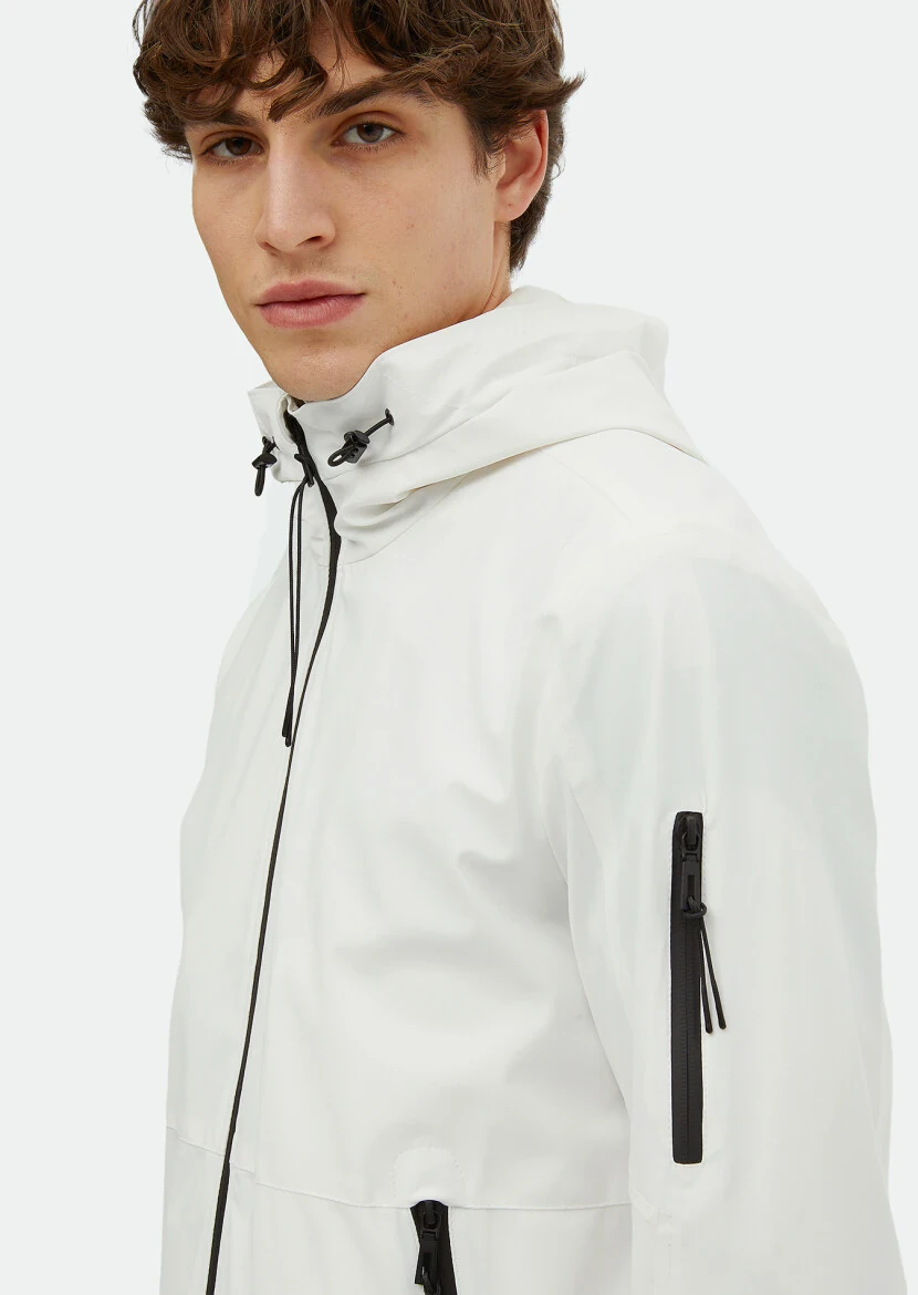 Beyaz Regular Fit Kapüşonlu Casual Dokuma Mont - 4