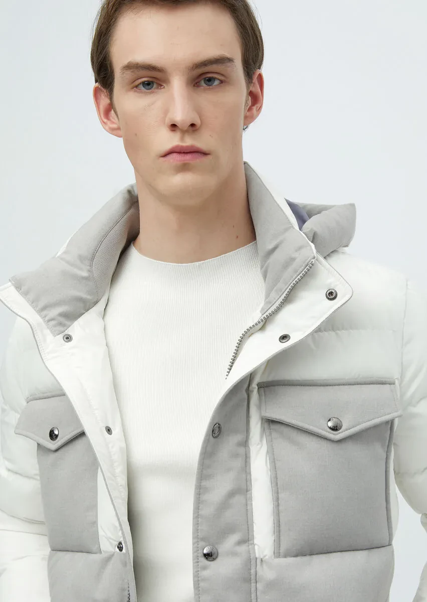 Beyaz Regular Fit Kapüşonlu Casual Dokuma Mont - 4