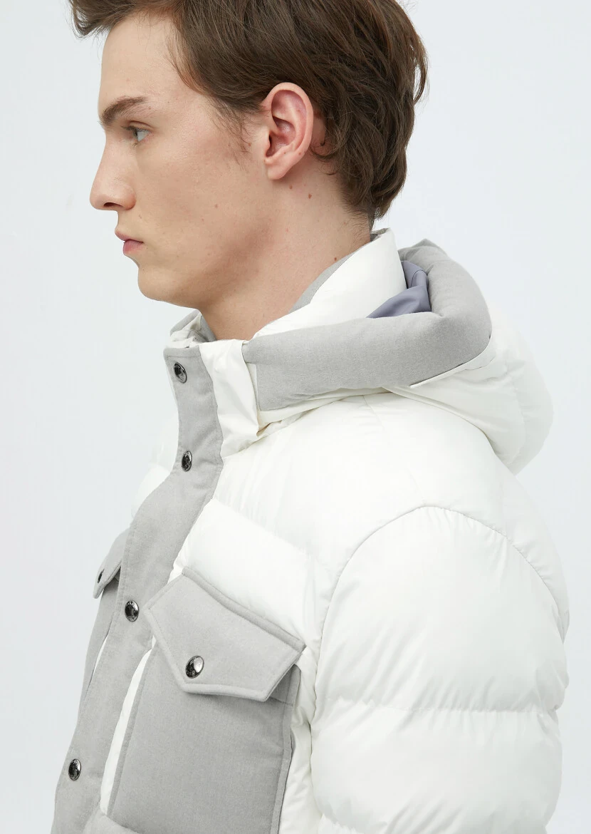 Beyaz Regular Fit Kapüşonlu Casual Dokuma Mont - 6