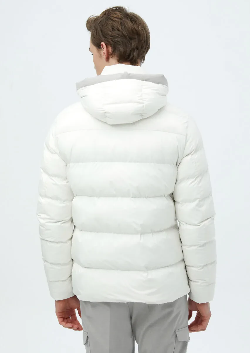 Beyaz Regular Fit Kapüşonlu Casual Dokuma Mont - 7