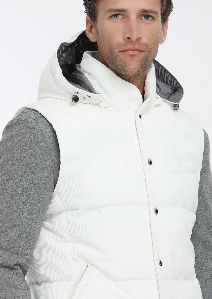 Beyaz Regular Fit Kapüşonlu Casual Dokuma Spor Yelek - 4