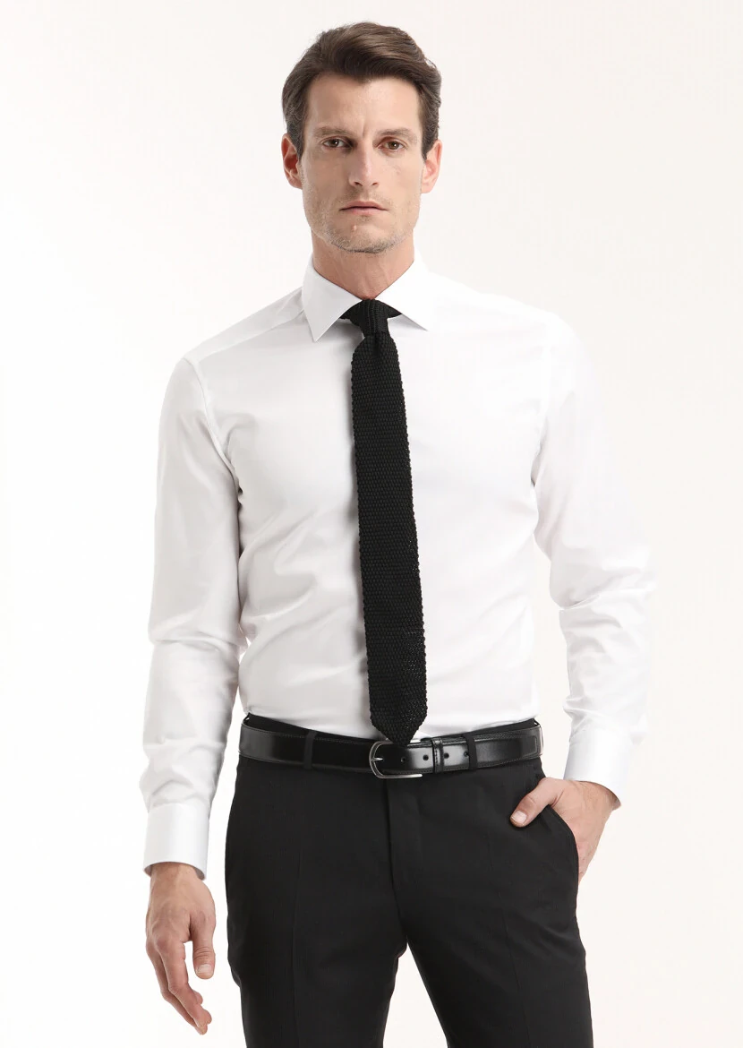 Beyaz Regular Fit Ütü İstemeyen Dokuma Klasik %100 Pamuk Gömlek - 2