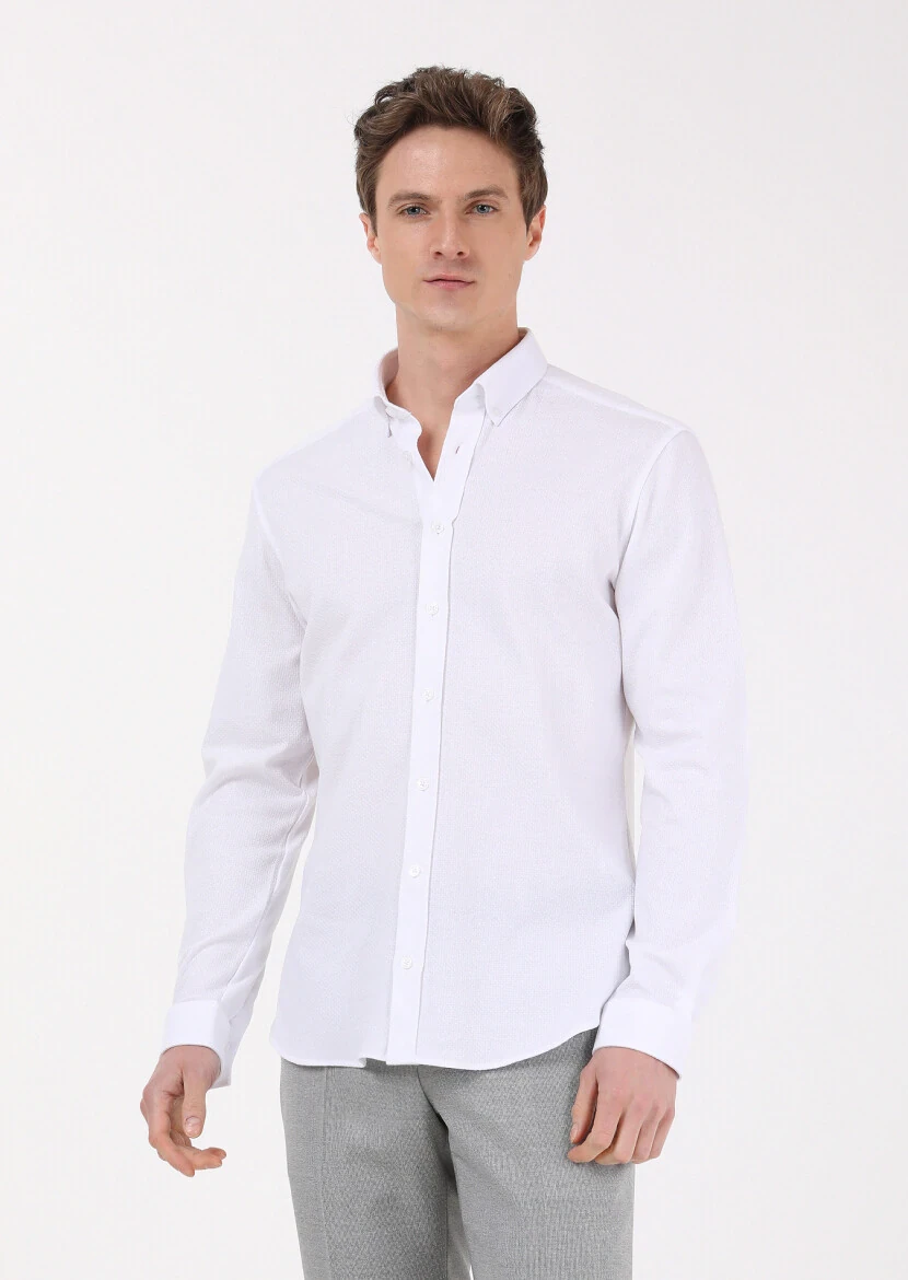 Beyaz Slim Fit Casual %100 Pamuk Gömlek - 4