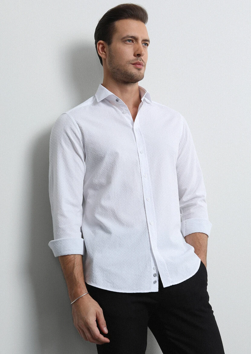 Beyaz Slim Fit Dokuma Casual %100 Pamuk Gömlek - 1