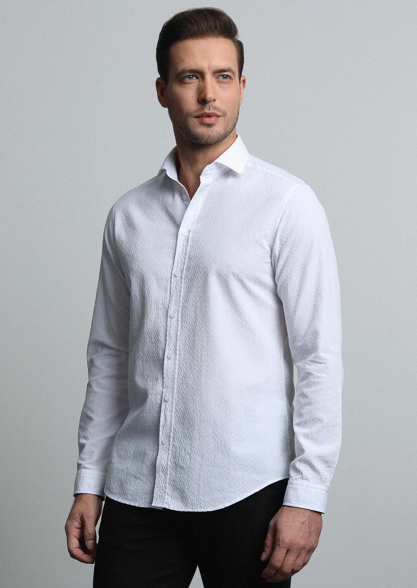 Beyaz Slim Fit Dokuma Casual %100 Pamuk Gömlek - 2