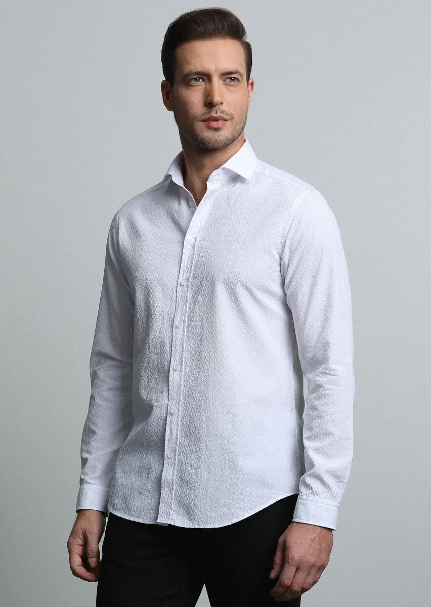 Beyaz Slim Fit Dokuma Casual %100 Pamuk Gömlek - 2