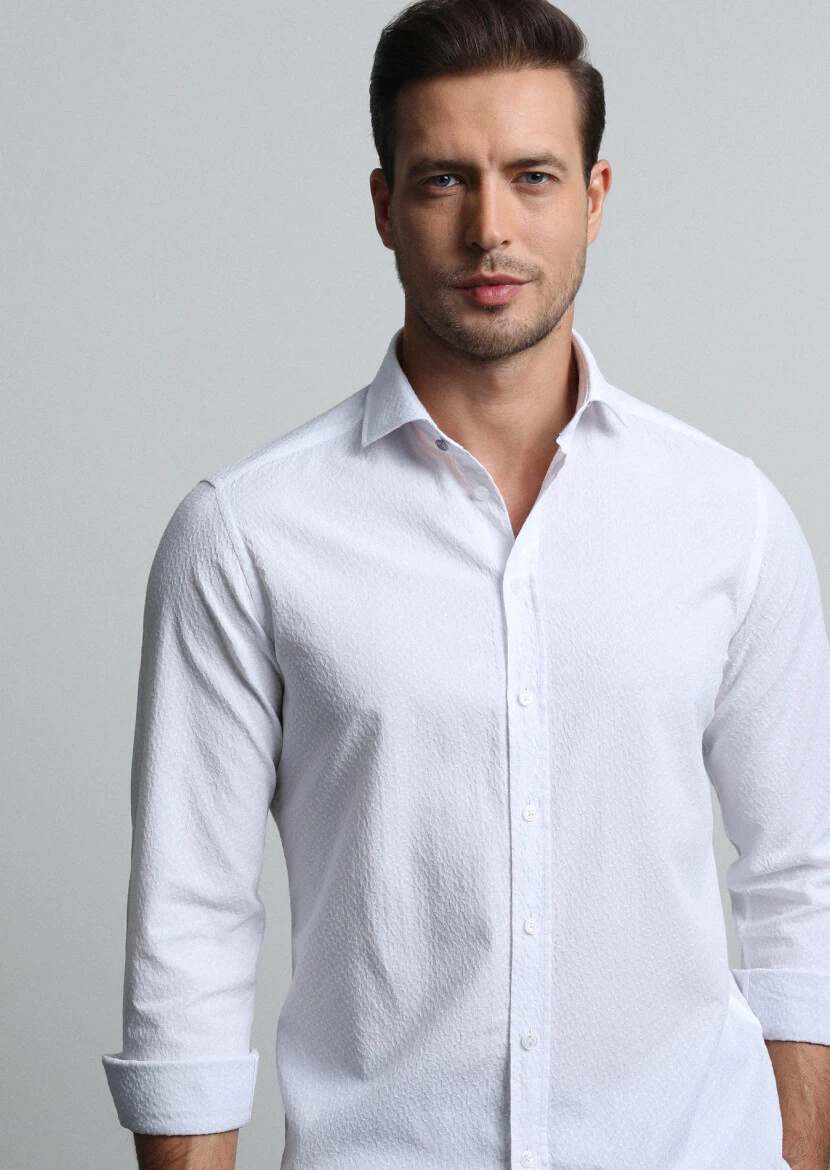 Beyaz Slim Fit Dokuma Casual %100 Pamuk Gömlek - 4