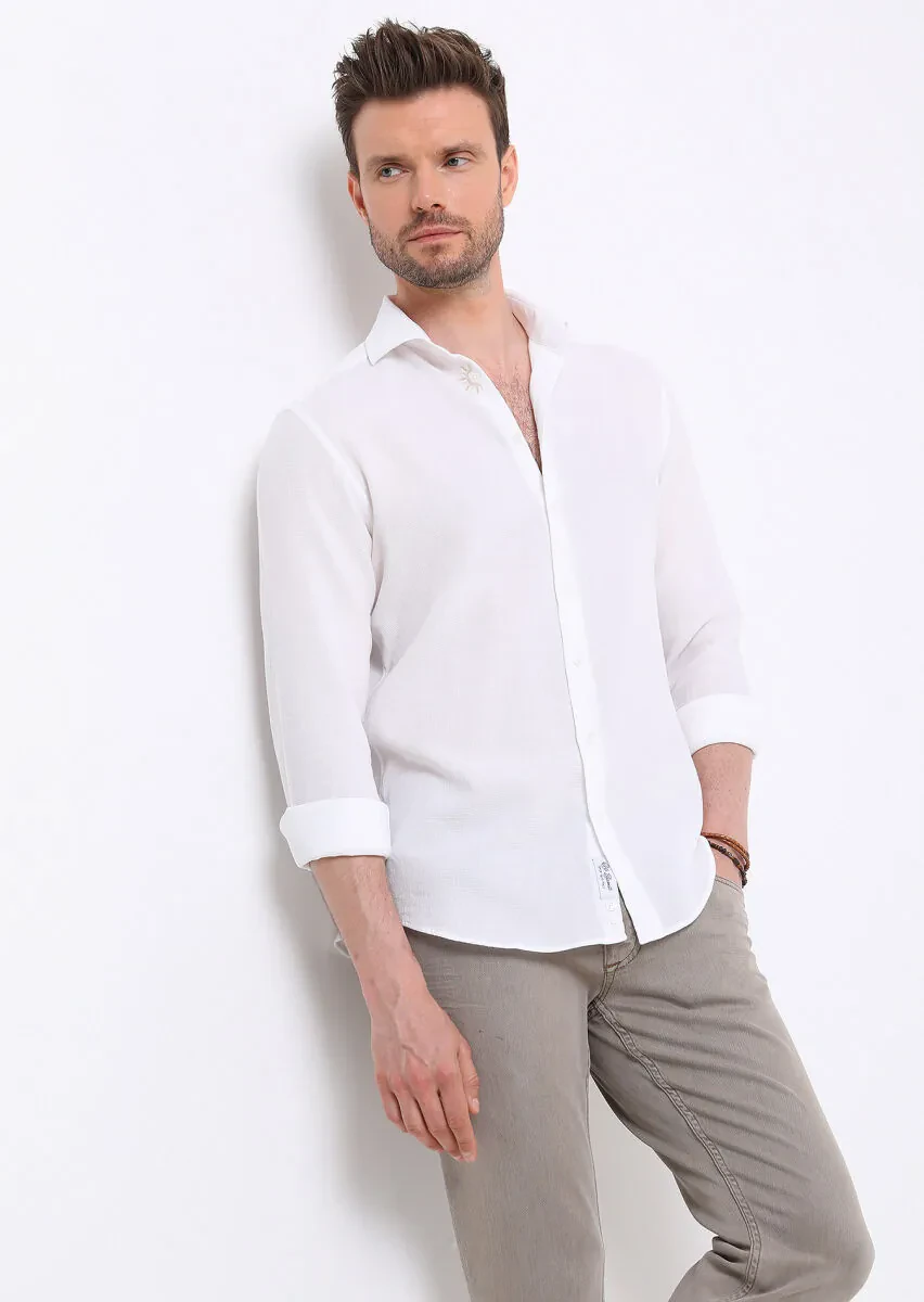 Beyaz Slim Fit Dokuma Casual %100 Pamuk Gömlek - 1