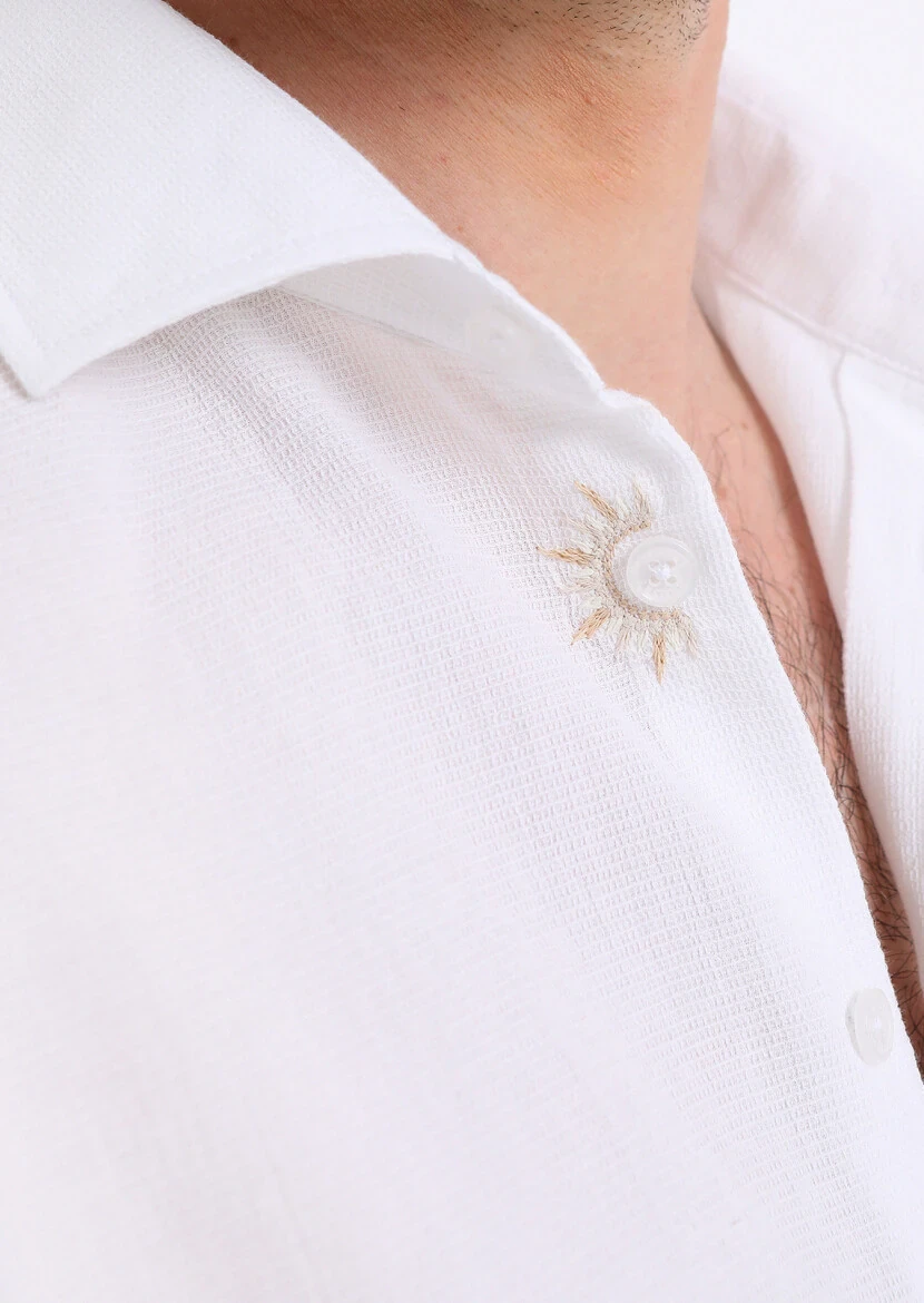 Beyaz Slim Fit Dokuma Casual %100 Pamuk Gömlek - 4