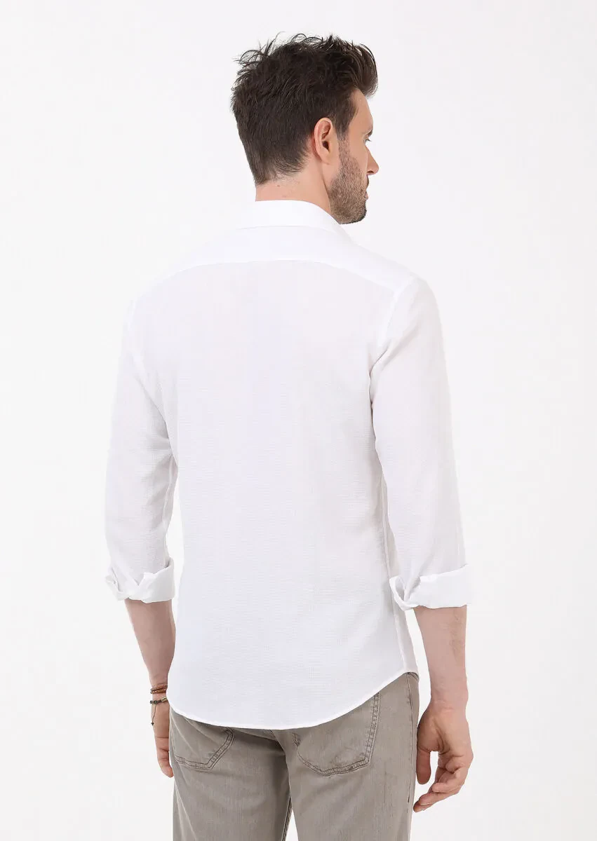 Beyaz Slim Fit Dokuma Casual %100 Pamuk Gömlek - 6