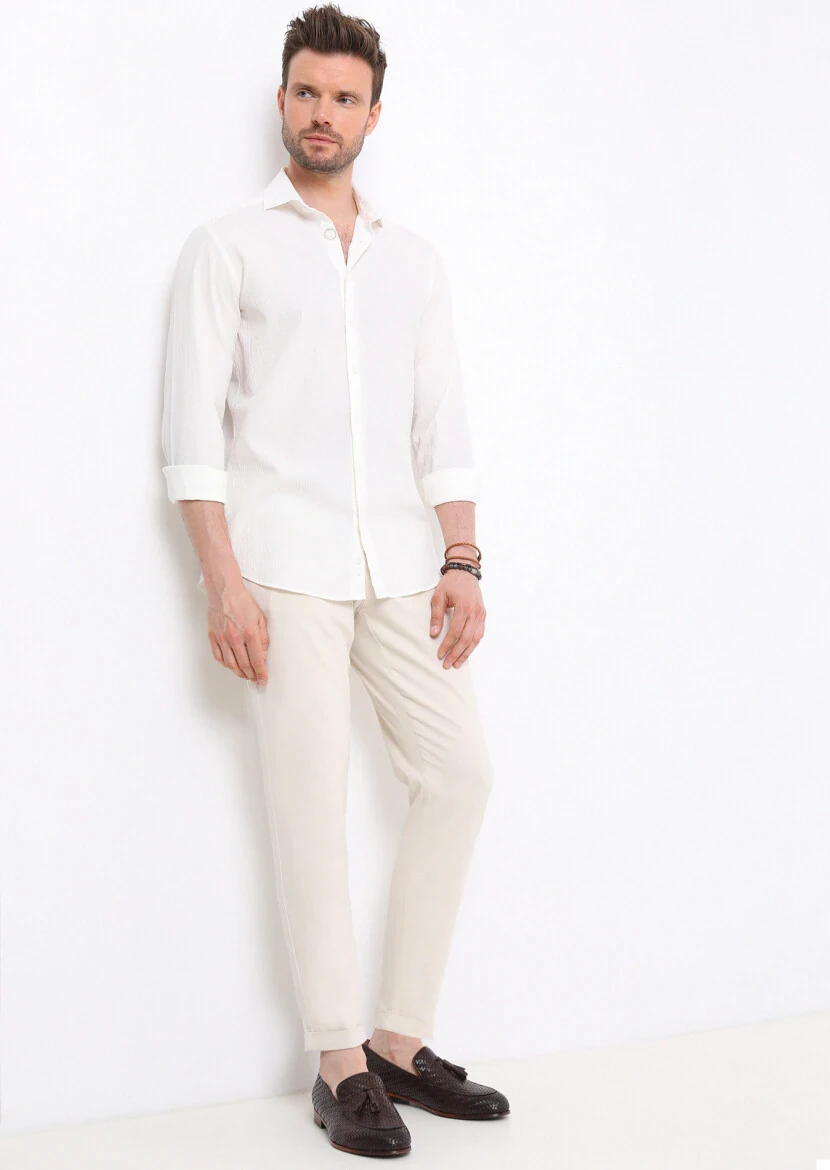 Beyaz Slim Fit Dokuma Casual Pamuk Karışımlı Gömlek 