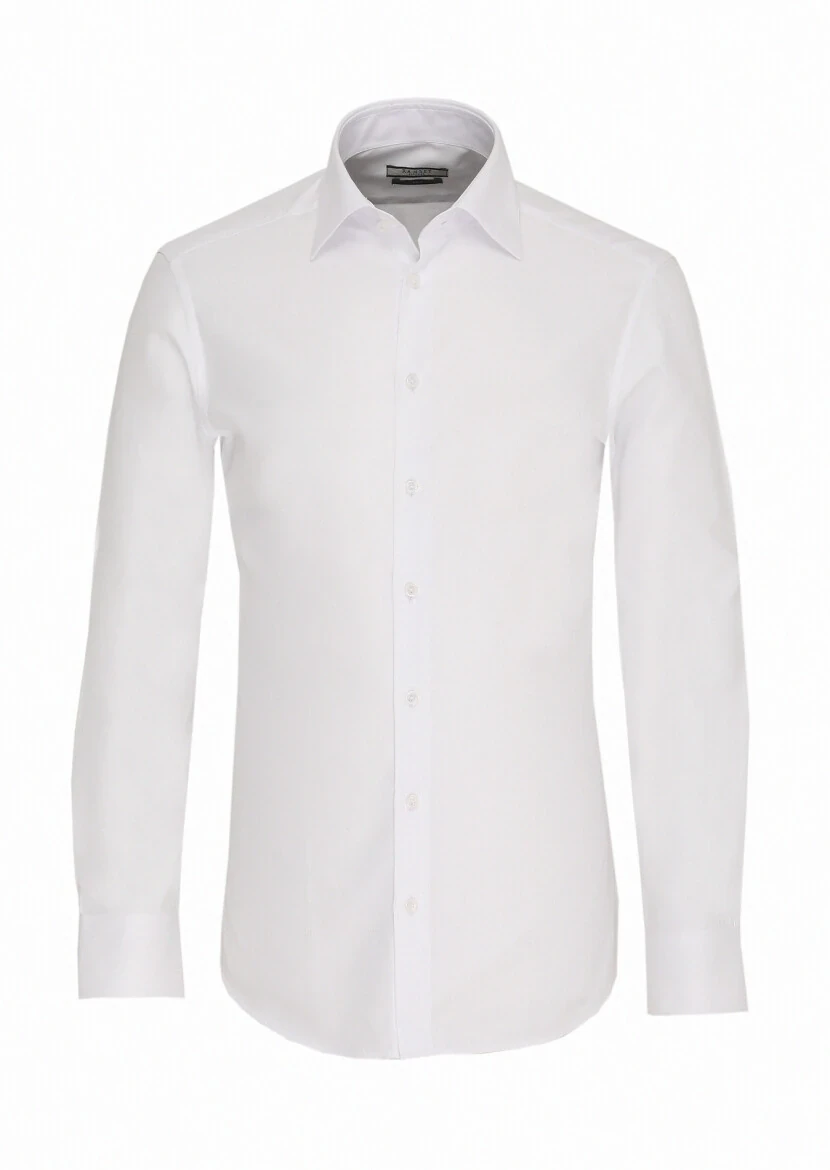 Beyaz Slim Fit Dokuma Klasik %100 Pamuk Gömlek - 1