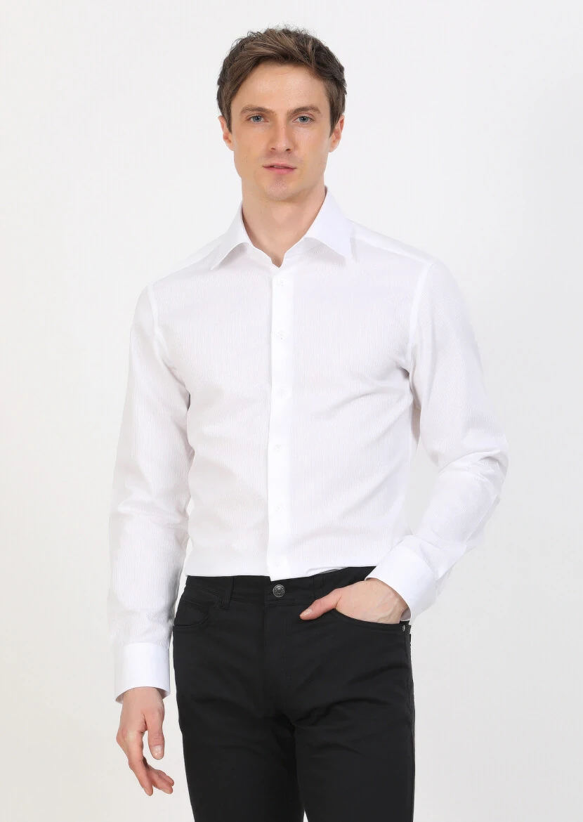 Beyaz Slim Fit Dokuma Klasik %100 Pamuk Gömlek - 3