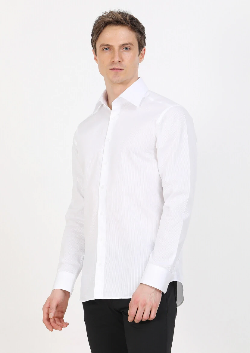 Beyaz Slim Fit Dokuma Klasik %100 Pamuk Gömlek - 4