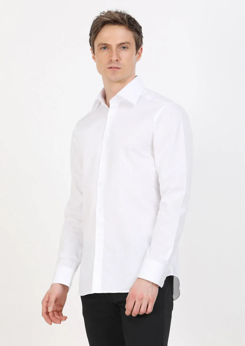 Beyaz Slim Fit Dokuma Klasik %100 Pamuk Gömlek - 4