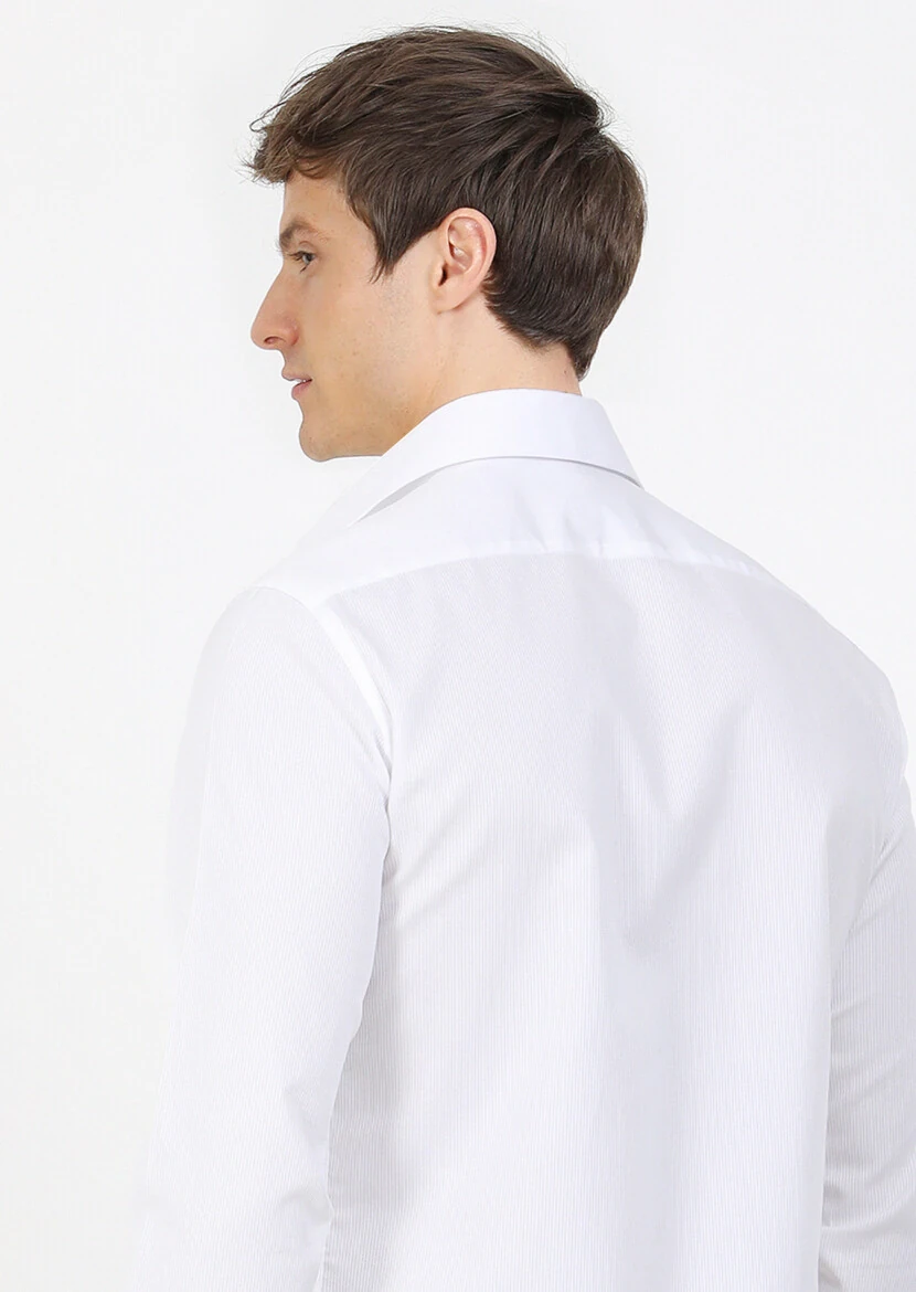 Beyaz Slim Fit Dokuma Klasik %100 Pamuk Gömlek - 5