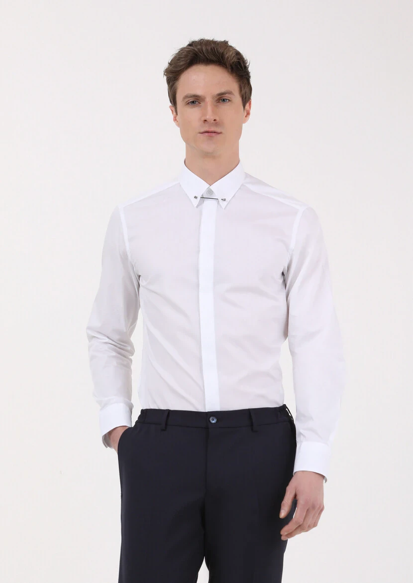 Beyaz Slim Fit Dokuma Klasik %100 Pamuk Gömlek - 1