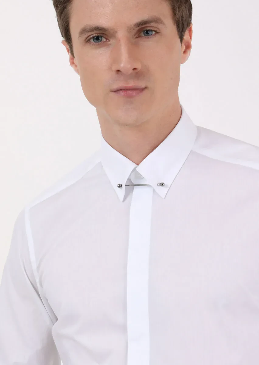 Beyaz Slim Fit Dokuma Klasik %100 Pamuk Gömlek - 2