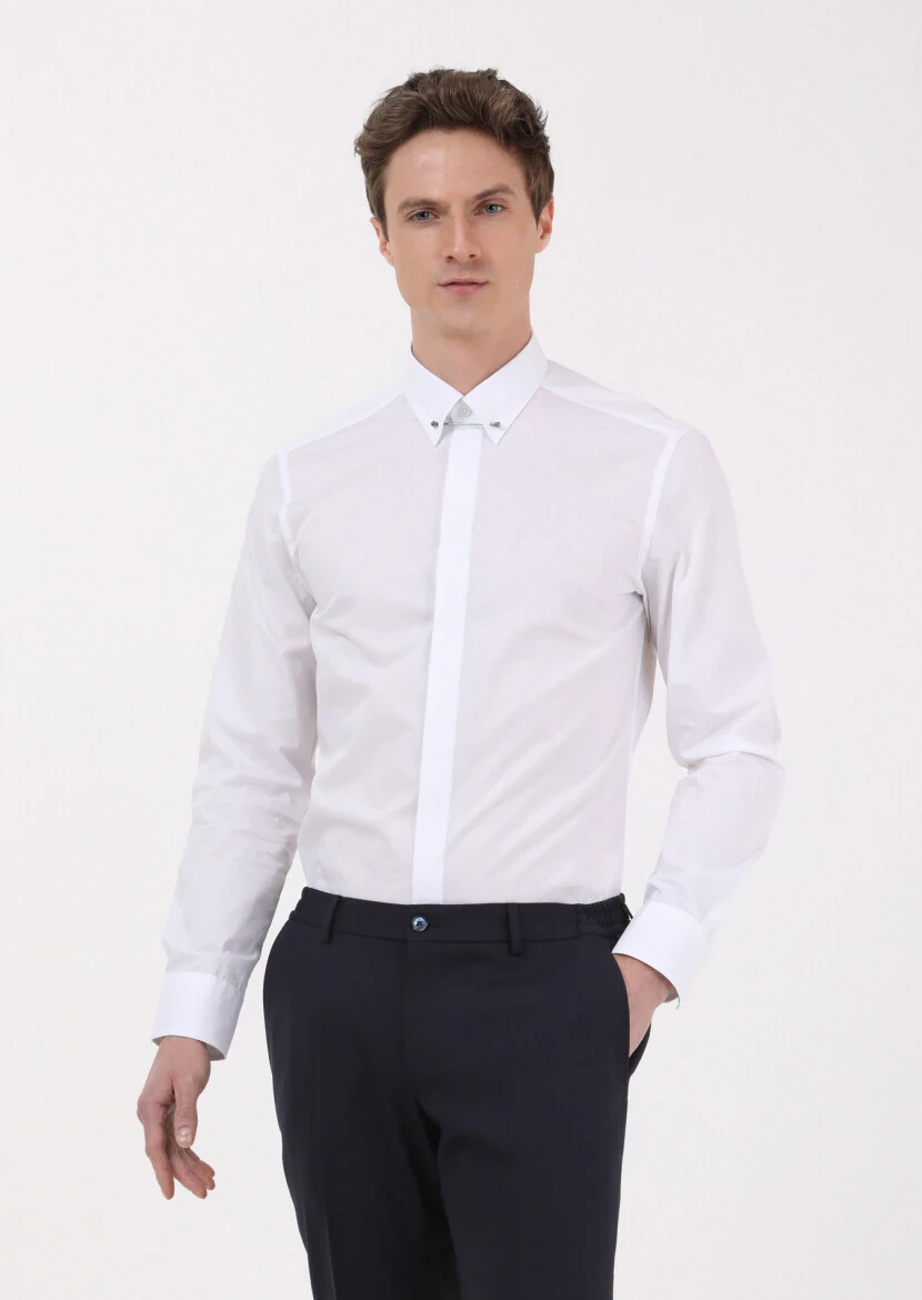 Beyaz Slim Fit Dokuma Klasik %100 Pamuk Gömlek - 3