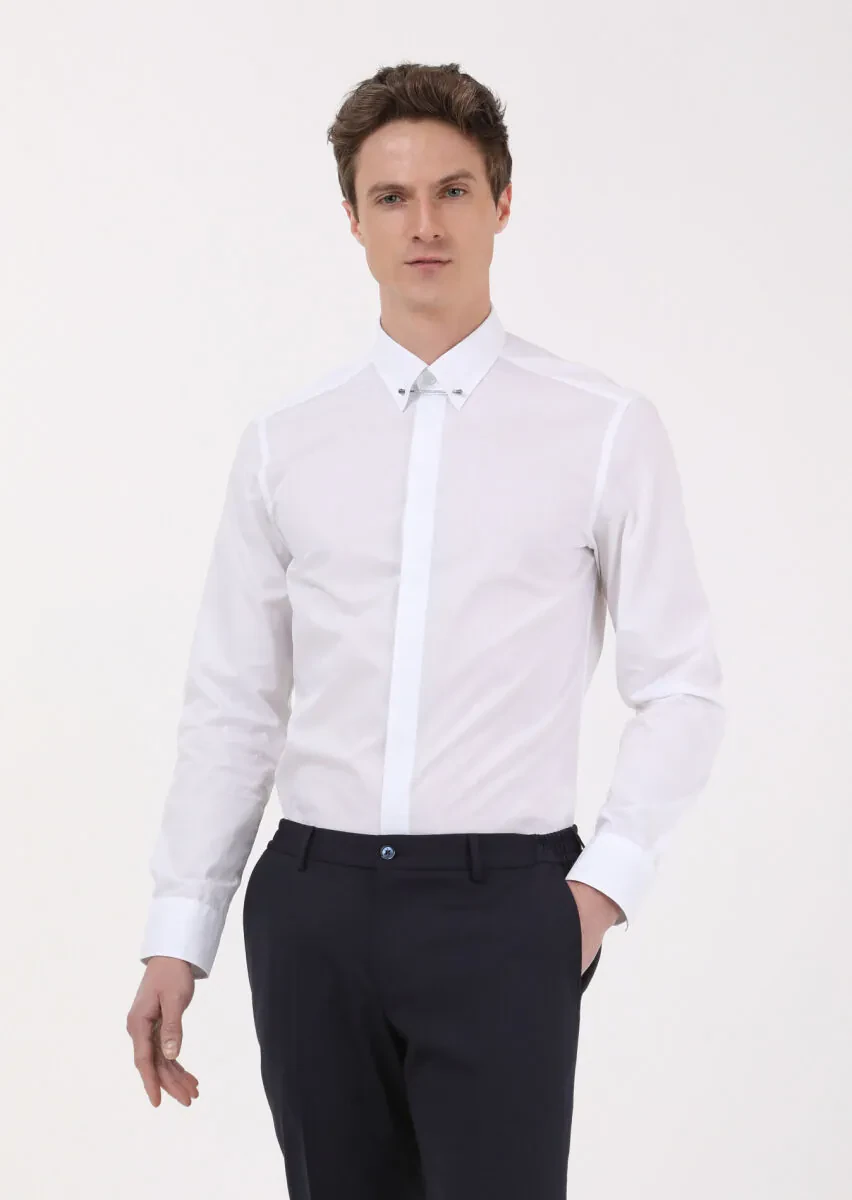 Beyaz Slim Fit Dokuma Klasik %100 Pamuk Gömlek - 3