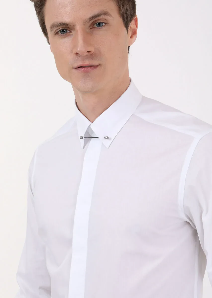 Beyaz Slim Fit Dokuma Klasik %100 Pamuk Gömlek - 4