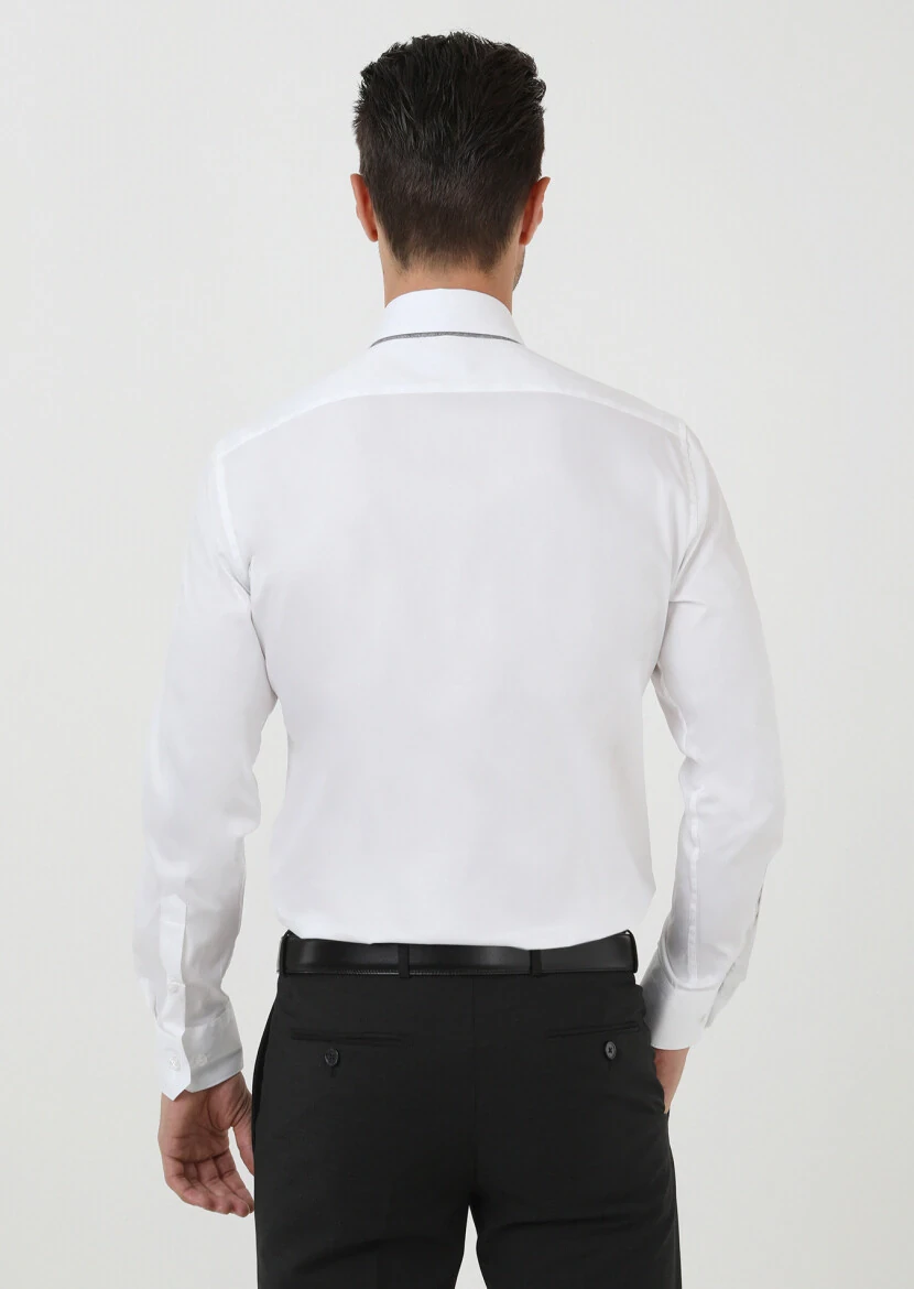 Beyaz Slim Fit Dokuma Klasik Pamuk Karışımlı Gömlek - 5