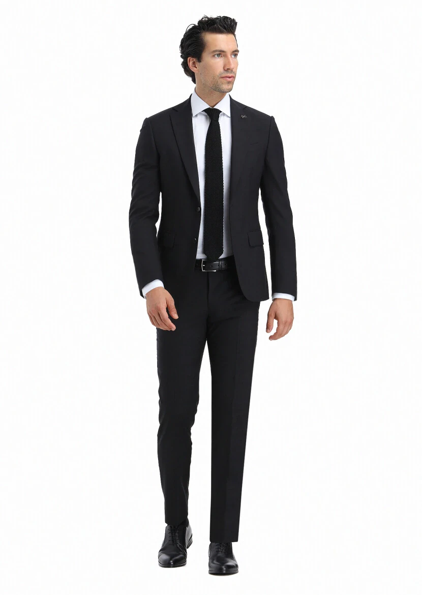 Black Checkered Modern Fit 100% Wool Suit - 1