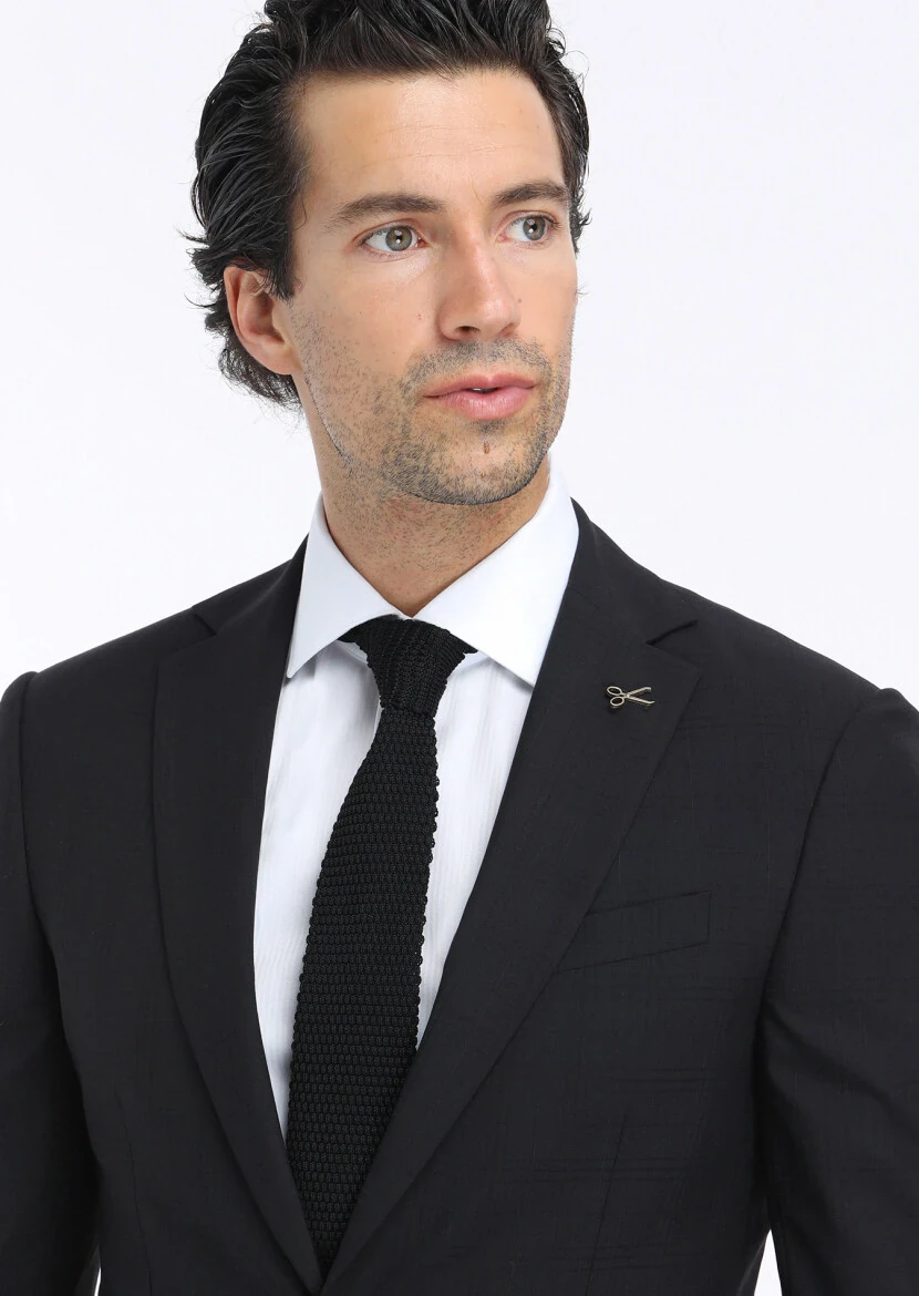 Black Checkered Modern Fit 100% Wool Suit - 3