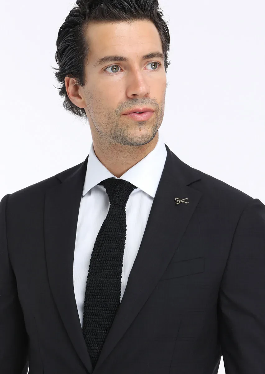 Black Checkered Modern Fit 100% Wool Suit - 3