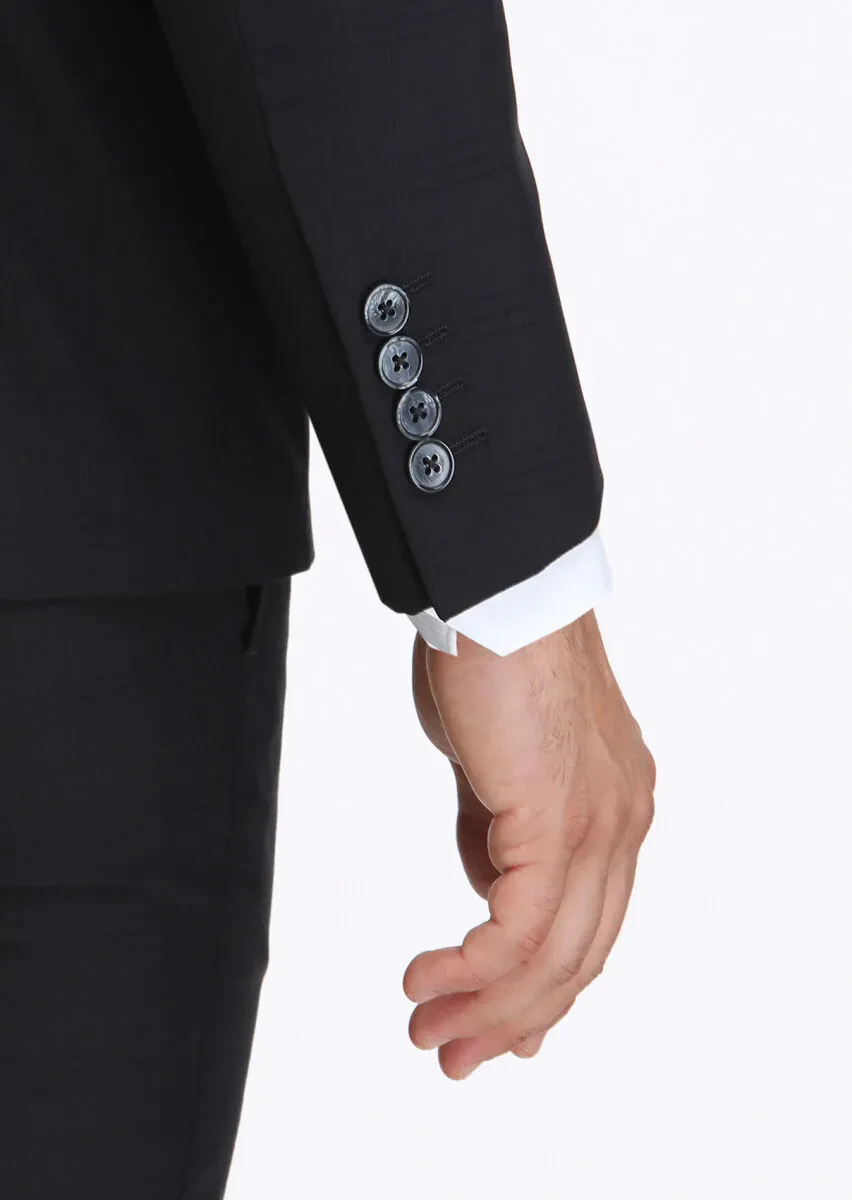 Black Checkered Modern Fit 100% Wool Suit - 5