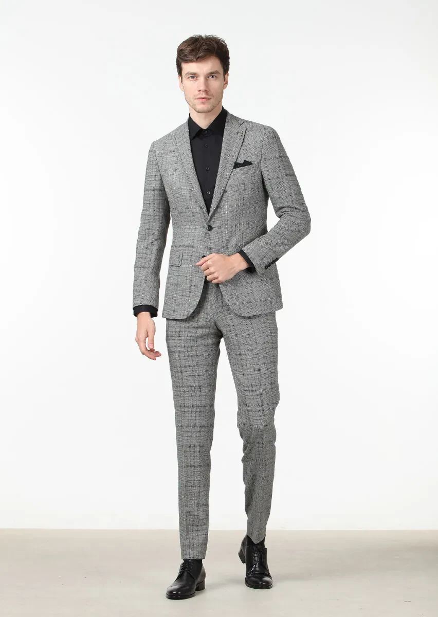 Black Checkered Zeroweight Slim Fit 100% Wool Suit - 1