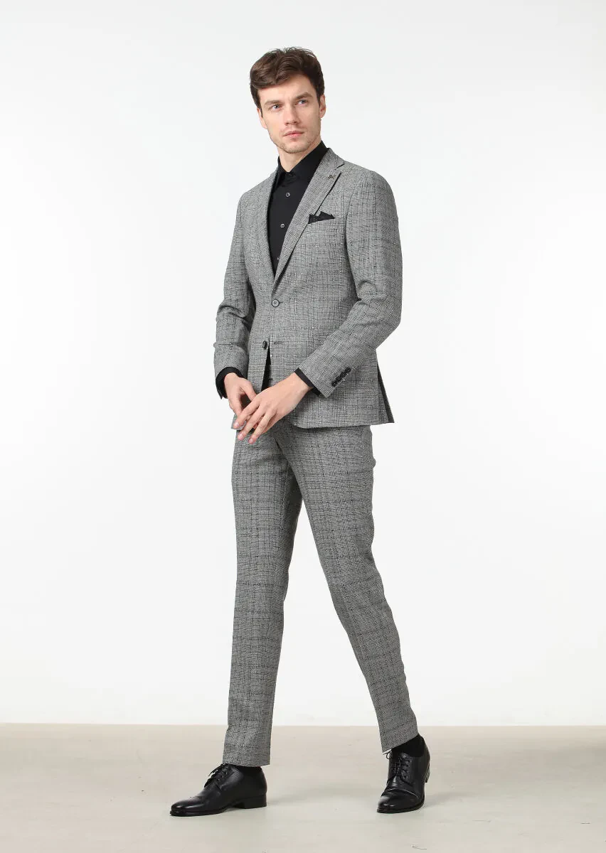 Black Checkered Zeroweight Slim Fit 100% Wool Suit - 2
