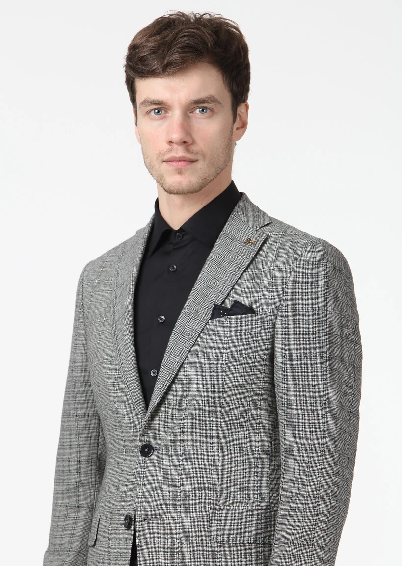 Black Checkered Zeroweight Slim Fit 100% Wool Suit - 3